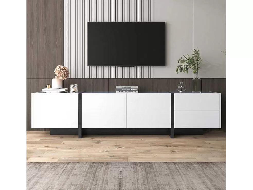 Flash Sale Modern Tv-Meubel 190Cm Met 3 Deuren En 2 Lades - Glanzend Wit & Zwart Tv-Meubel
