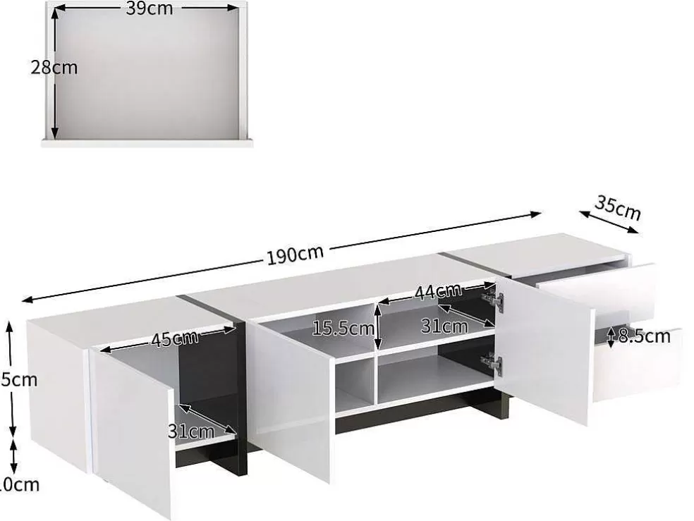 Flash Sale Modern Tv-Meubel 190Cm Met 3 Deuren En 2 Lades - Glanzend Wit & Zwart Tv-Meubel