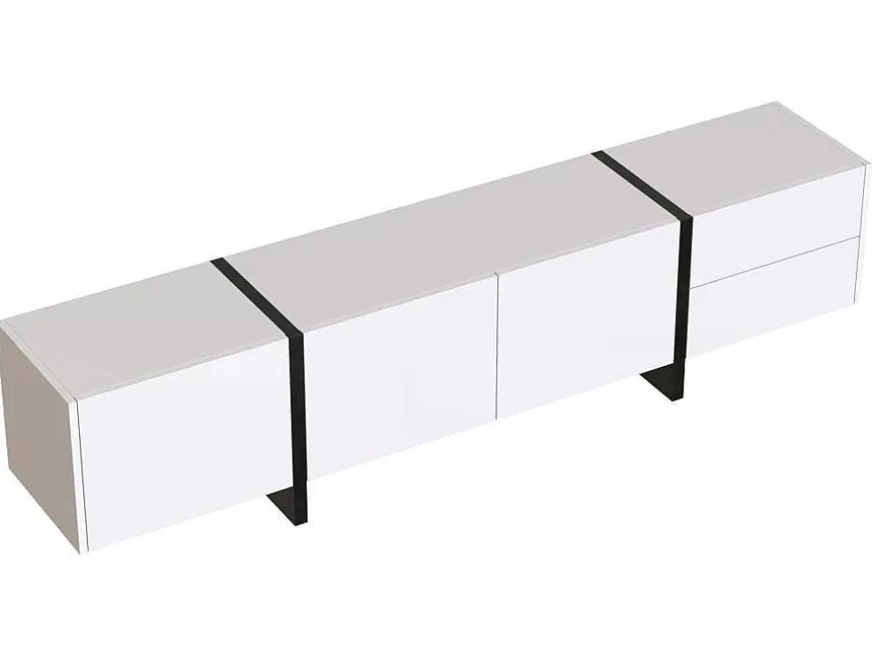 Flash Sale Modern Tv-Meubel 190Cm Met 3 Deuren En 2 Lades - Glanzend Wit & Zwart Tv-Meubel