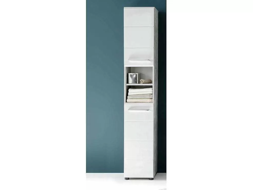 Cheap Nanobad Kolomkast Hoog 2 Deuren, 2 Open Vakken Betonsteen Decor, Wit Hoogglans. Badkamerkast