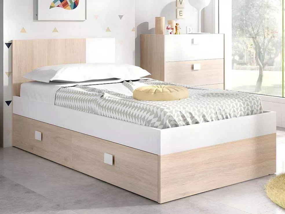 Discount Onderschuifbed - 2 X 90 X 190 Cm - Kleuren: Eiken En Wit - Sonia Bed Met Slaaplade