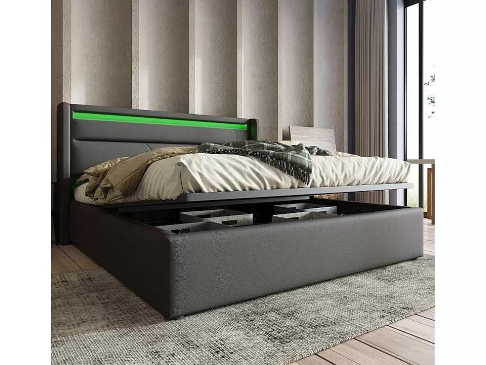 Best Sale Opbergbed 140X200Cm In Kunstleer Met Led + Lattenbodem - Grijs Aanbiedingen: Slaapkamer & Kantoor