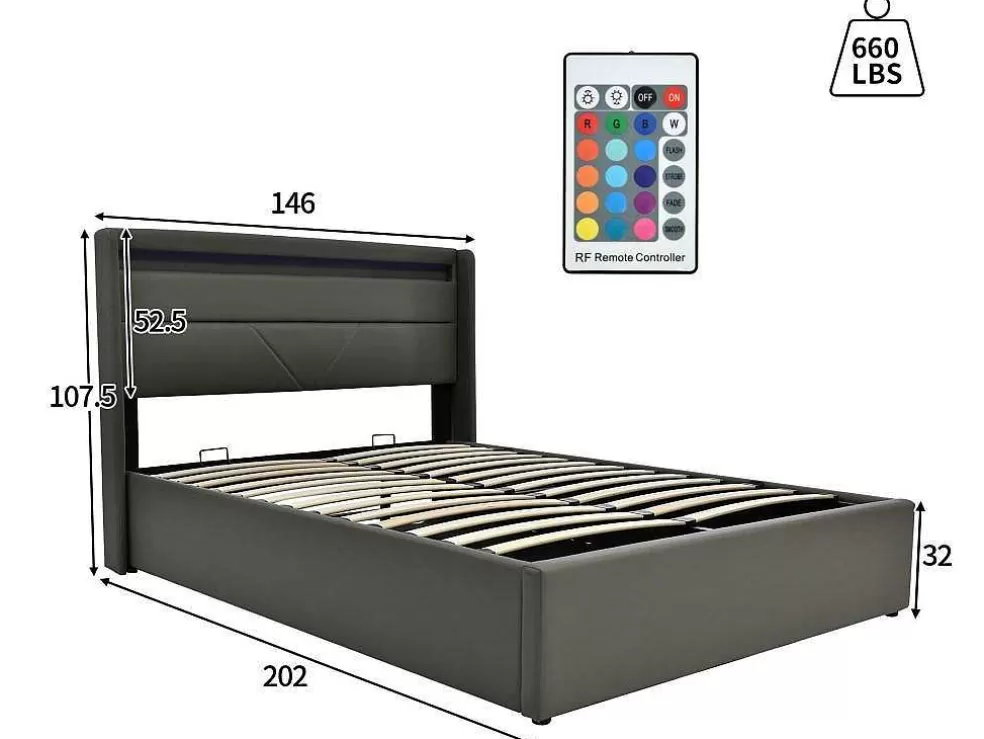 Best Sale Opbergbed 140X200Cm In Kunstleer Met Led + Lattenbodem - Grijs Aanbiedingen: Slaapkamer & Kantoor