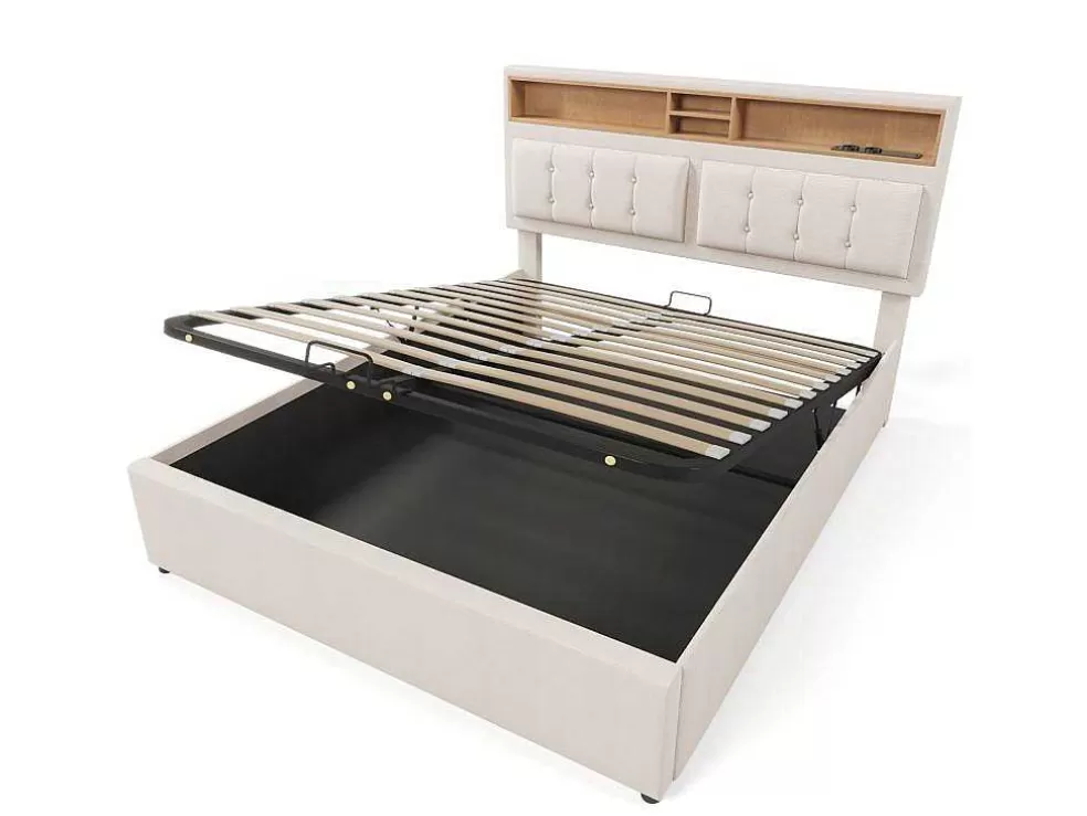 Clearance Opbergbed 160X200Cm In Linnenstof Met Usb-Poort - Verstelbaar Hoofdeinde En Lattenbodem - Beige Aanbiedingen: Slaapkamer & Kantoor