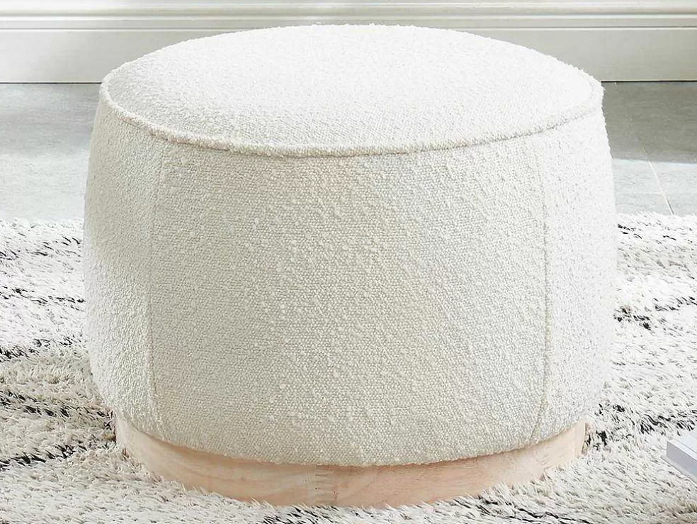 Store Poef Van Boucle Stof Met Voet In Lichtkleurig Hout - Miloden Poef