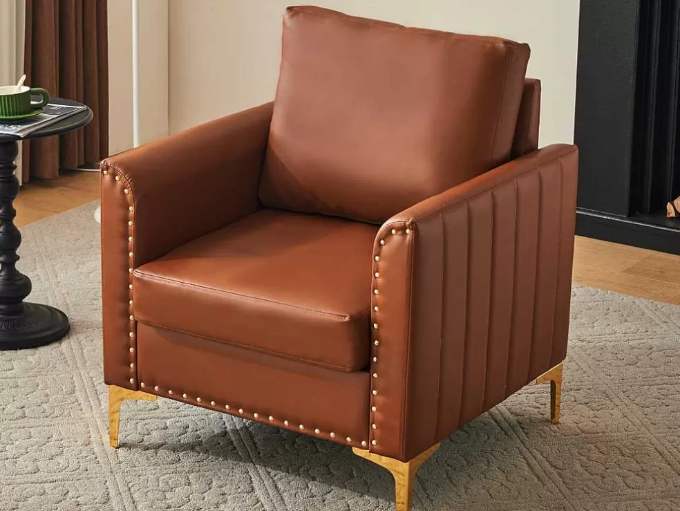 Outlet Pu Lederen Fauteuil Met Kussen - Metalen Poten - Bruin Fauteuil Kunstleer