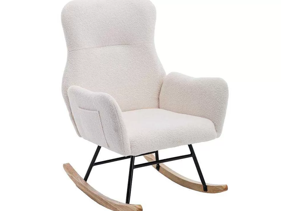 Sale Schommelstoel - Relaxstoel Voor In De Woonkamer - Opgevuld Met Teddypluche - Vakjes Aan De Zijkant Van De Armleuningen - Houten Onderstel - Wit Fauteuil Stof