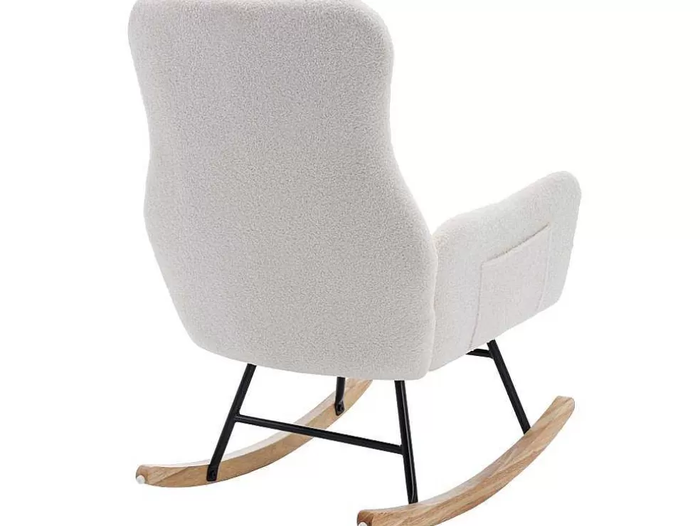 Sale Schommelstoel - Relaxstoel Voor In De Woonkamer - Opgevuld Met Teddypluche - Vakjes Aan De Zijkant Van De Armleuningen - Houten Onderstel - Wit Fauteuil Stof