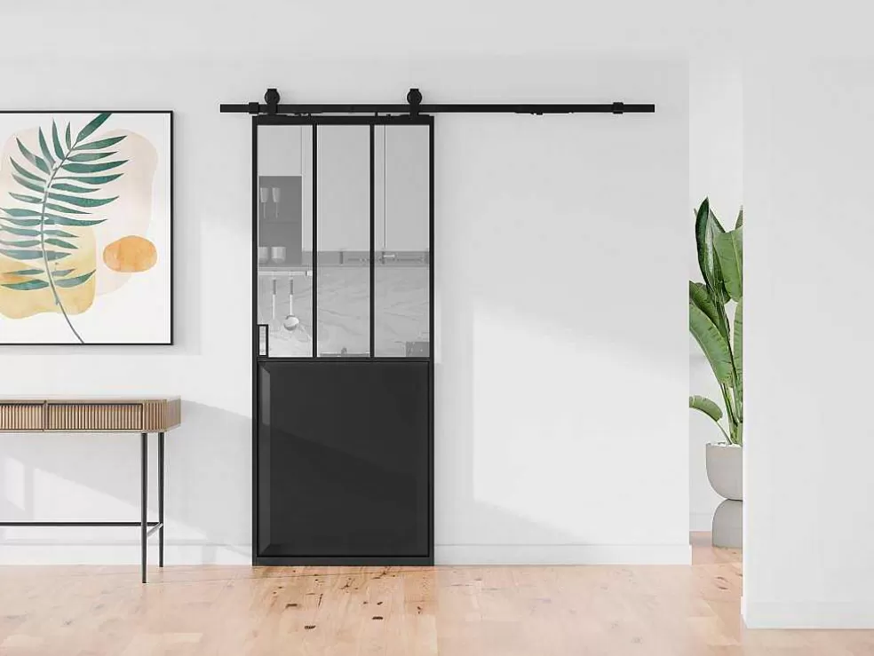 Store Schuifdeur Werkplaatsstijl Met Rails - Zwart En Mat Gehard Glas - H205 Cm X B83 Cm - Artisto Ii Schuifdeur
