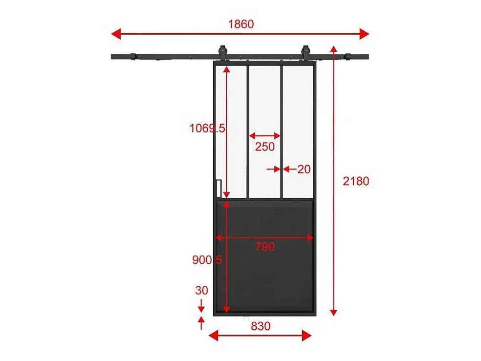 Store Schuifdeur Werkplaatsstijl Met Rails - Zwart En Mat Gehard Glas - H205 Cm X B83 Cm - Artisto Ii Schuifdeur