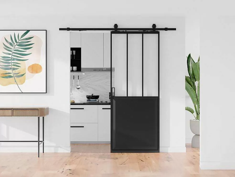 Store Schuifdeur Werkplaatsstijl Met Rails - Zwart En Mat Gehard Glas - H205 Cm X L63 Cm - Artisto Ii Schuifdeur