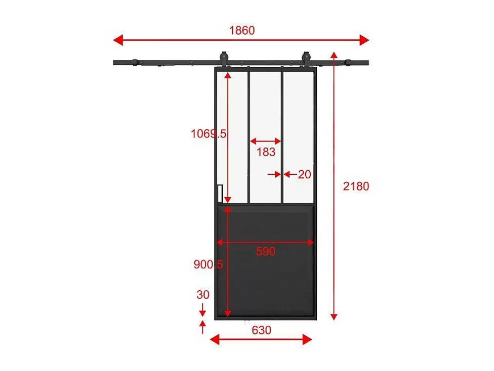 Store Schuifdeur Werkplaatsstijl Met Rails - Zwart En Mat Gehard Glas - H205 Cm X L63 Cm - Artisto Ii Schuifdeur