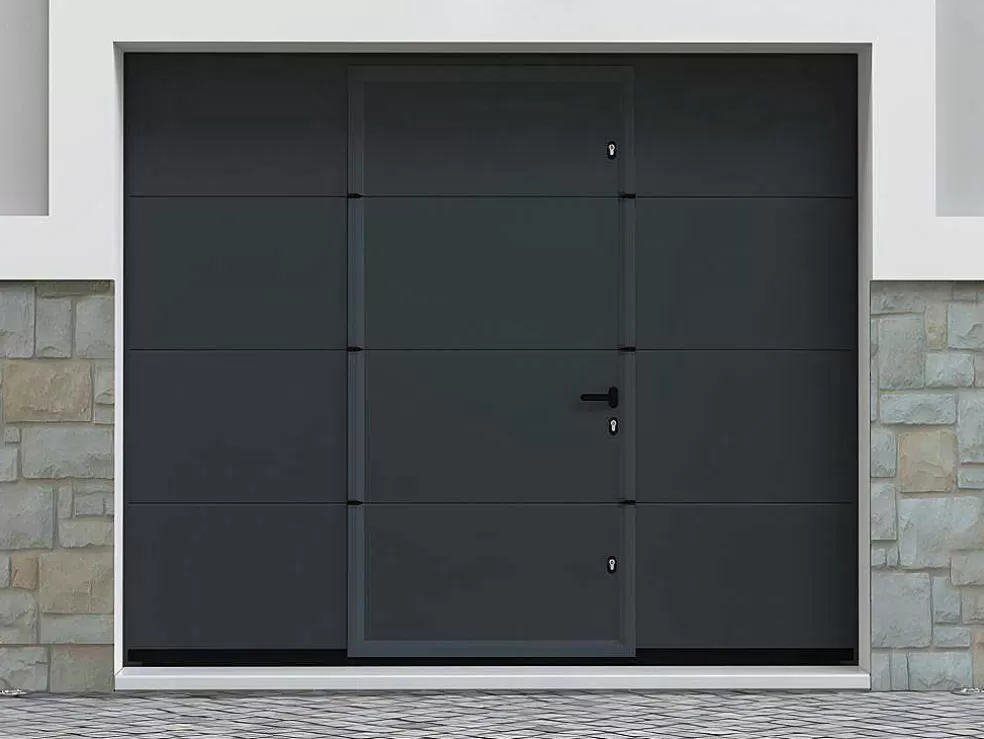 Discount Sectionale Garagedeur Met Glad Effect En Centrale Loopdeur In Antraciet Met Motor - Lavega Garagedeur
