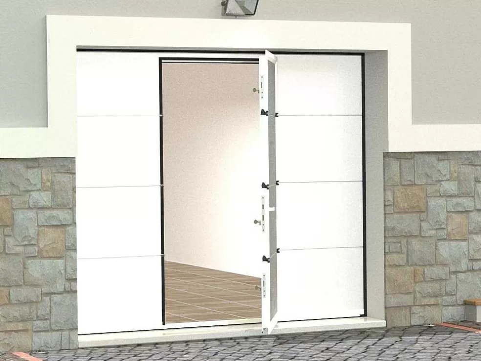 Discount Sectionale Garagedeur Met Glad Effect En Centrale Witte Loopdeur Met Motor - Lavega Garagedeur