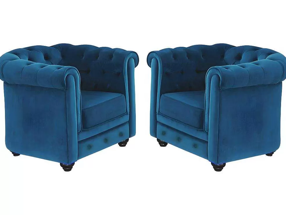 Store Set Van 2 Fauteuils Chesterfield - Fluweel - Eend Blauw Fauteuil Stof