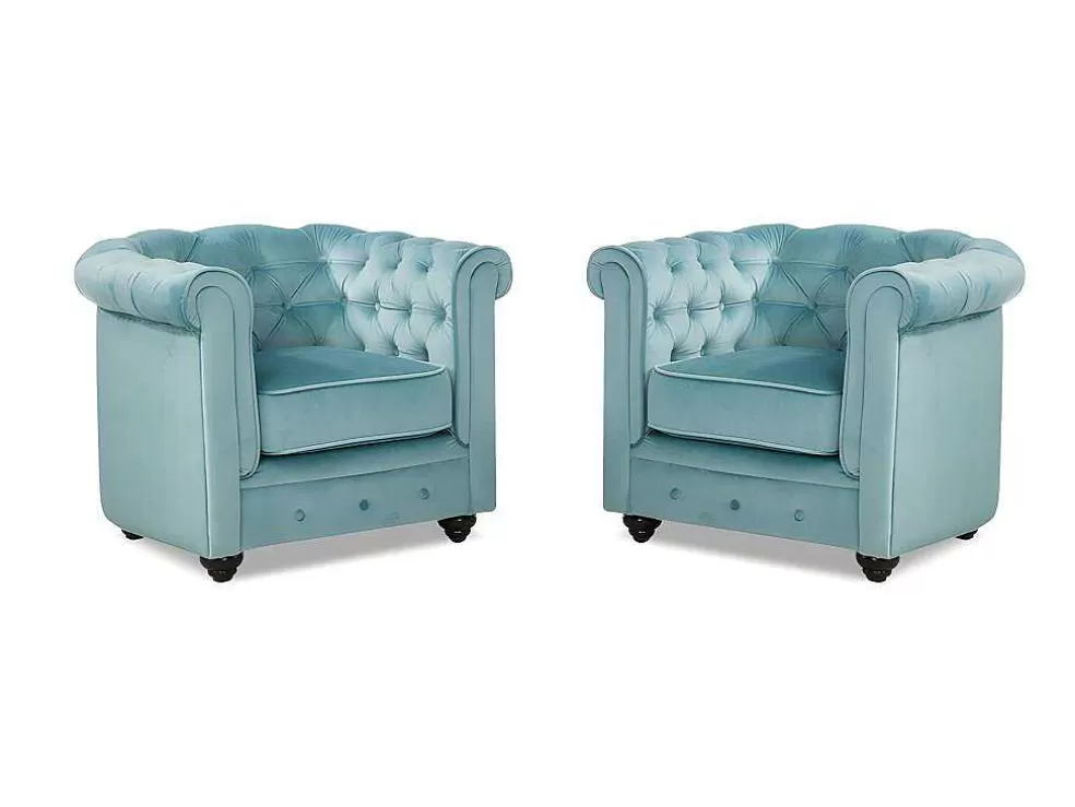 Flash Sale Set Van 2 Fauteuils Chesterfield - Fluweel - Pastel Blauw Fauteuil Stof Fluweel / Suedine