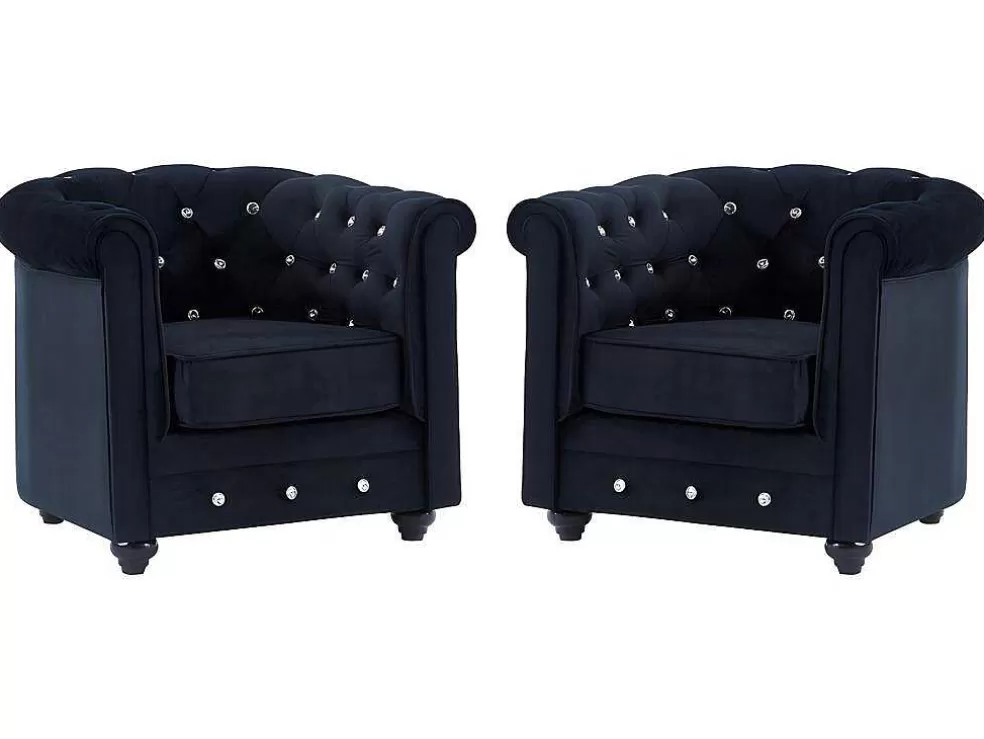 Best Set Van 2 Fauteuils Chesterfield - Fluweel - Zwart Met Kristallen Knopen Fauteuil Stof Fluweel / Suedine
