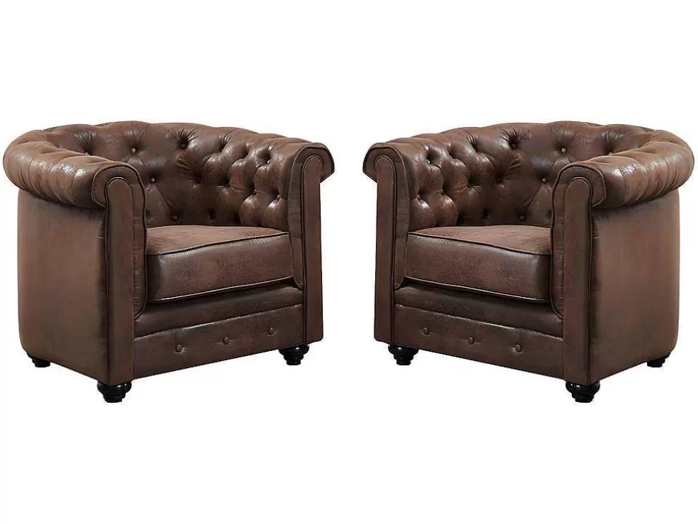 New Set Van 2 Fauteuils Chesterfield Van Microvezel Met Vintage Look Aanbiedingen: Zitbank & Fauteuil