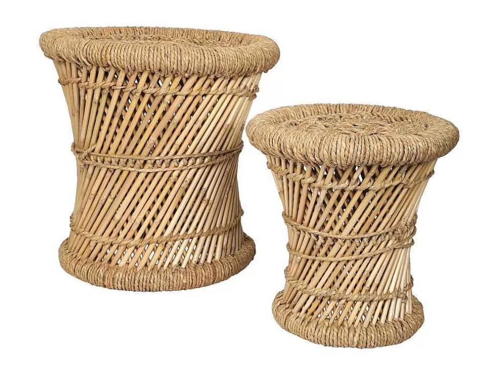 Clearance Set Van 2 Ronde Poefs Van Licht Naturelkleurig Rotan Mirtaka Poef