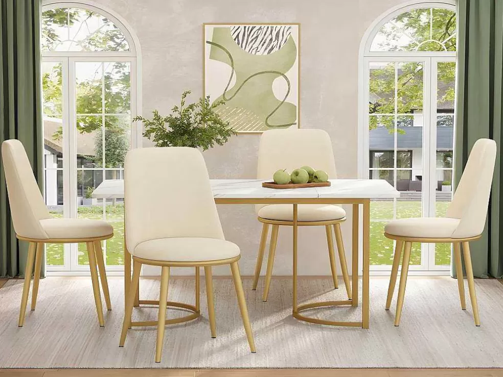 Outlet Set Van 4 Fluwelen Gestoffeerde Stoelen Met Rugleuning - Goud Metalen Structuur - Beige Stoel