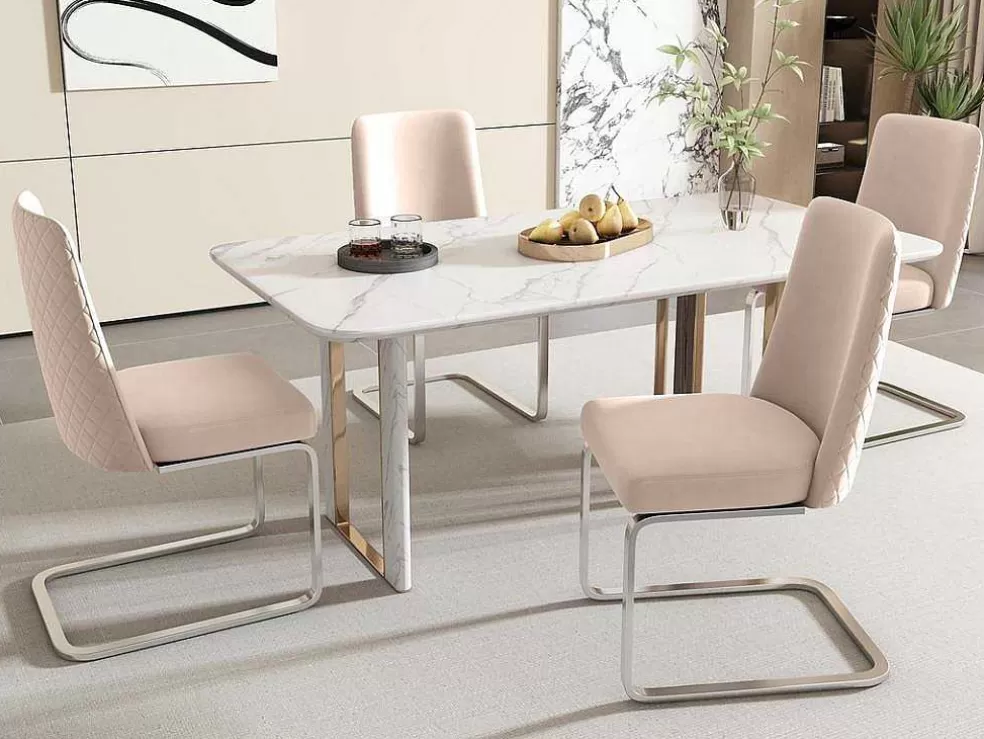 Store Set Van 4 Fluwelen Sledestoelen - Rugleuning Ruitpatroon - Onderstel Zilverkleurig Metaal - Beige Stoel