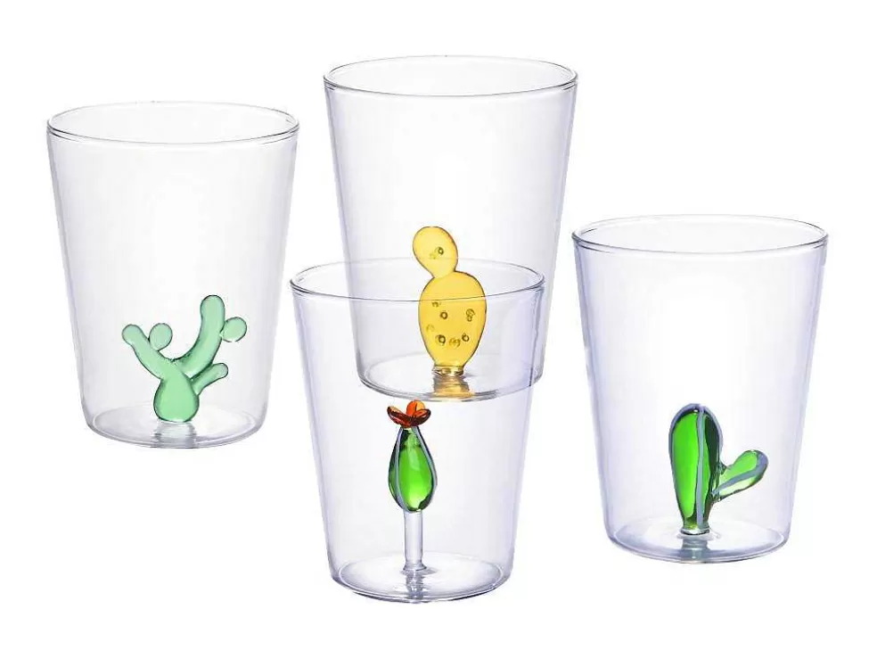Clearance Set Van 4 Glazen Met Cactus - Transparant En Groen - O8 X H10 Cm - Puntia Tafelservies