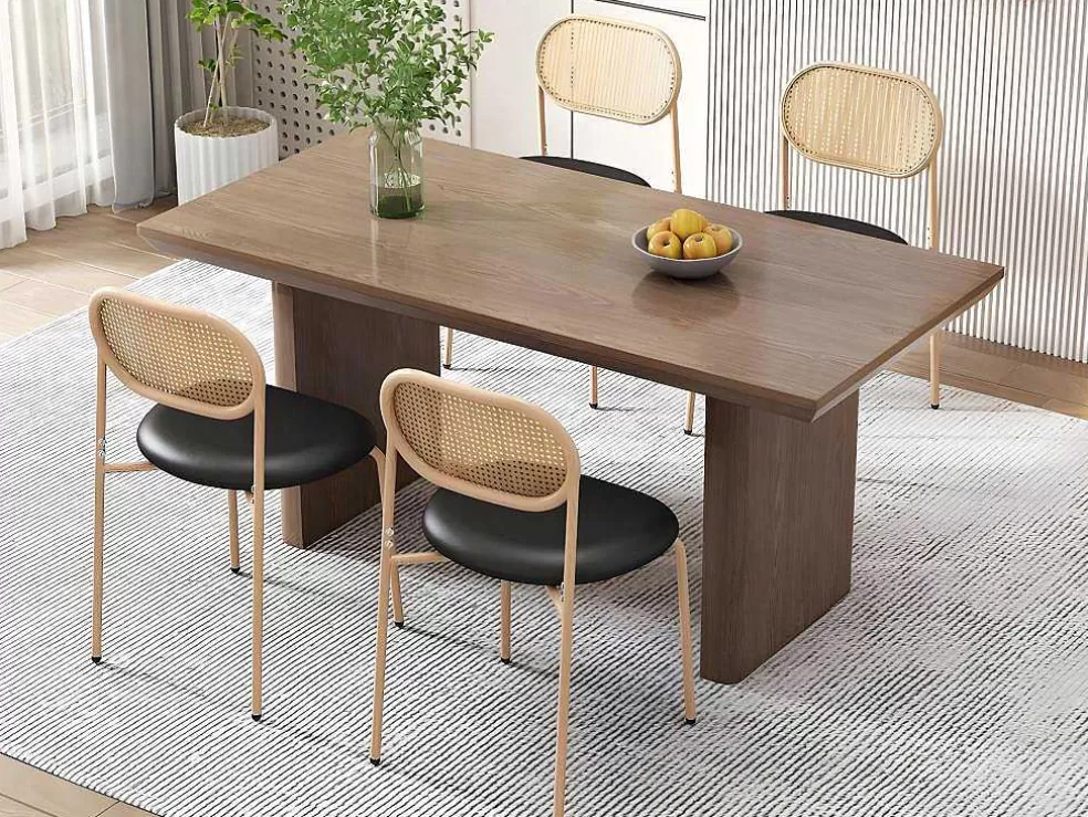 Hot Set Van 4 Kunstleer En Rotan Stoelen - Metalen Poten - Zwart Stoel