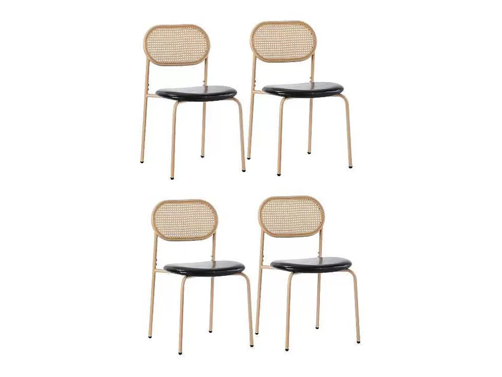 Hot Set Van 4 Kunstleer En Rotan Stoelen - Metalen Poten - Zwart Stoel