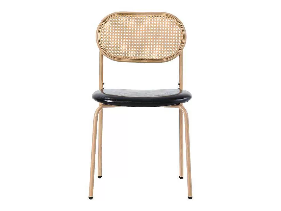 Hot Set Van 4 Kunstleer En Rotan Stoelen - Metalen Poten - Zwart Stoel