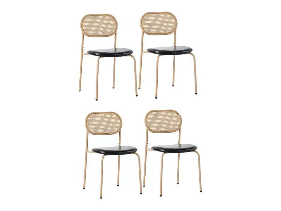 Hot Set Van 4 Kunstleer En Rotan Stoelen - Metalen Poten - Zwart Stoel