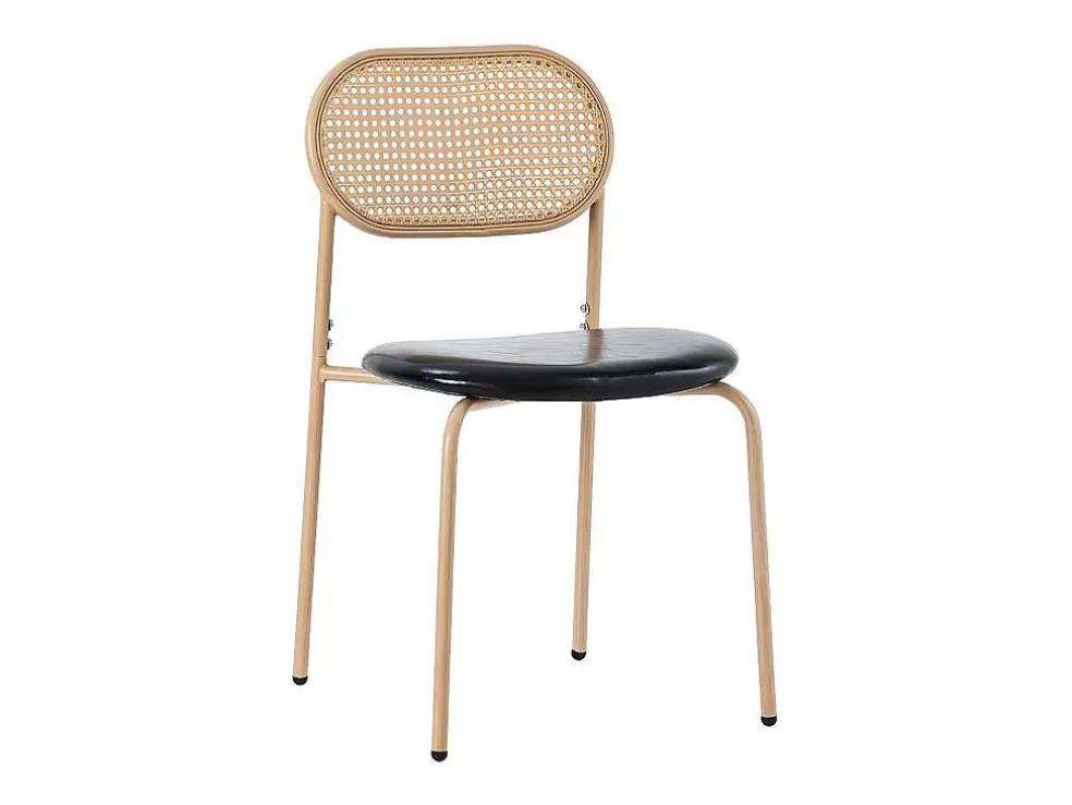 Hot Set Van 4 Kunstleer En Rotan Stoelen - Metalen Poten - Zwart Stoel