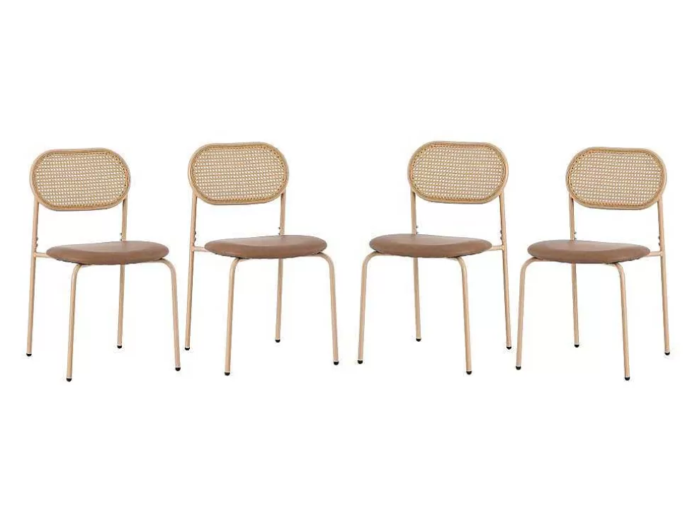 Best Sale Set Van 4 Stoelen Van Kunstleer En Rotan - Metalen Poten - Bruin Stoel