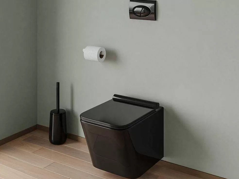 Fashion Set Voor Hang-Wc Van Glanzend Zwart Keramiek Met Voorwandsysteem En Ovalen Bedieningsplaat - Clemona Hangend Toilet