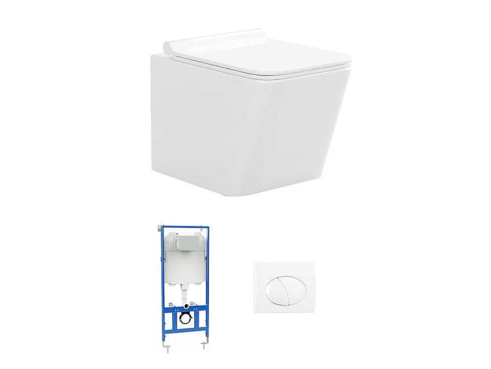 Fashion Set Voor Witte Hang-Wc Met Voorwandsysteem En Chroomkleurige Ovalen Bedieningsplaat - Clemona Hangend Toilet