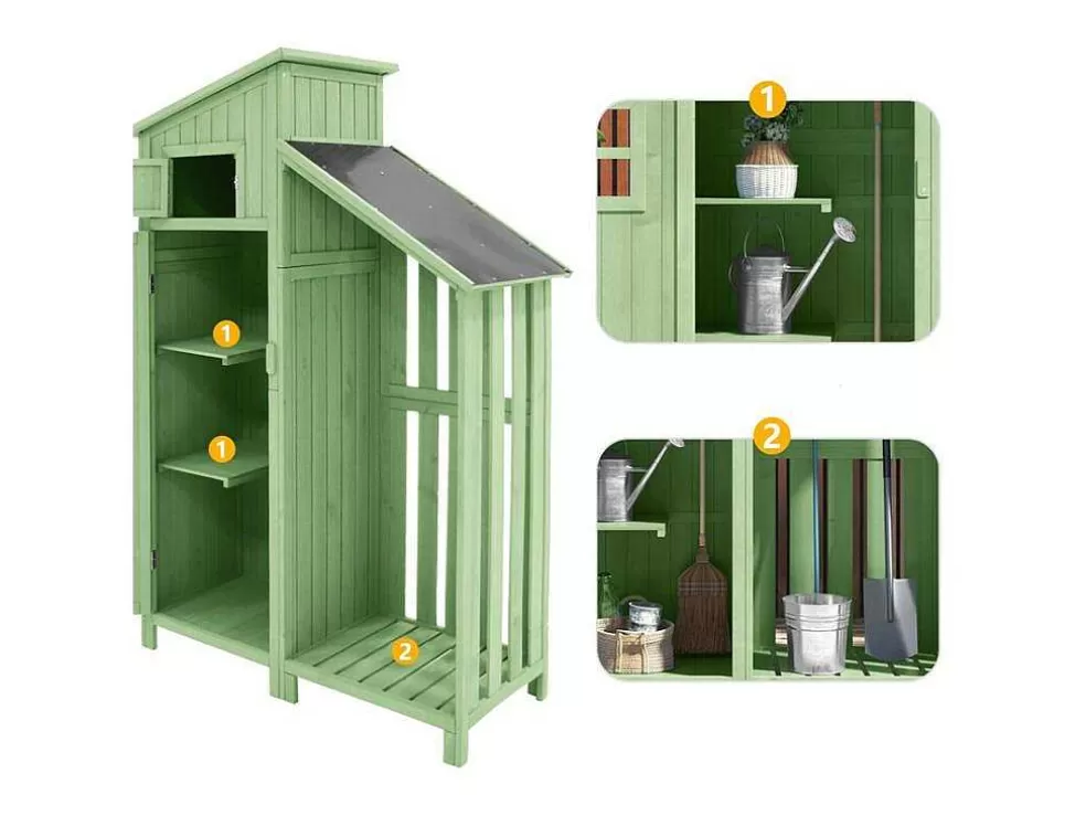 Discount Sparrenhouten Tuinhuis - Gereedschapsschuur Met 2 Geintegreerde Planken - H 173 Cm - Waterdicht Pvc Dak - Groen Tuinhuis