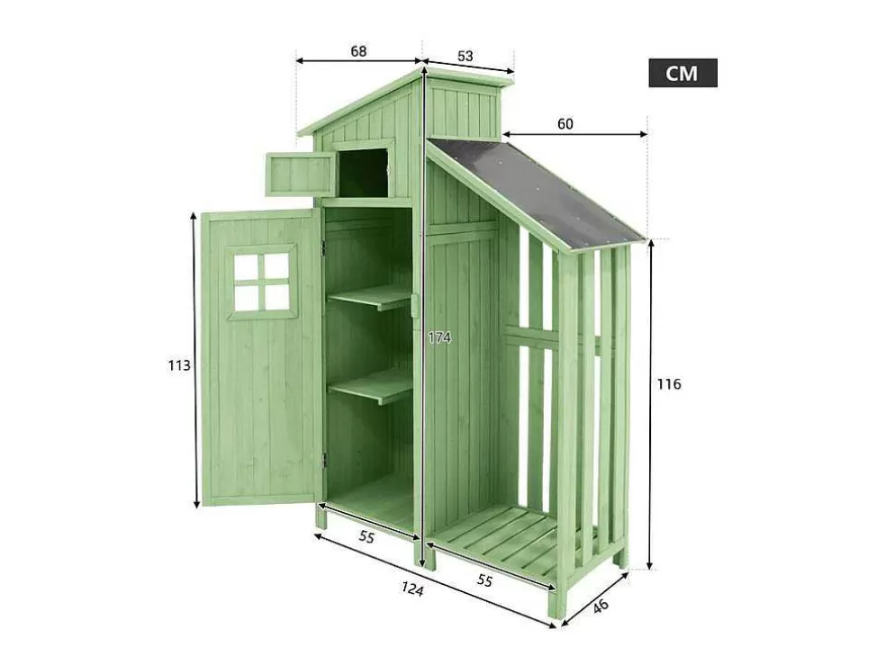 Discount Sparrenhouten Tuinhuis - Gereedschapsschuur Met 2 Geintegreerde Planken - H 173 Cm - Waterdicht Pvc Dak - Groen Tuinhuis