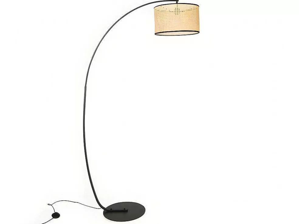 Discount Staande Lamp Met Boog En Vlechtwerk Neirobi - Etnische Stijl - Ijzer En Rotan - 105 X 40 X 195 Cm - Zwart En Naturel Staande Lamp