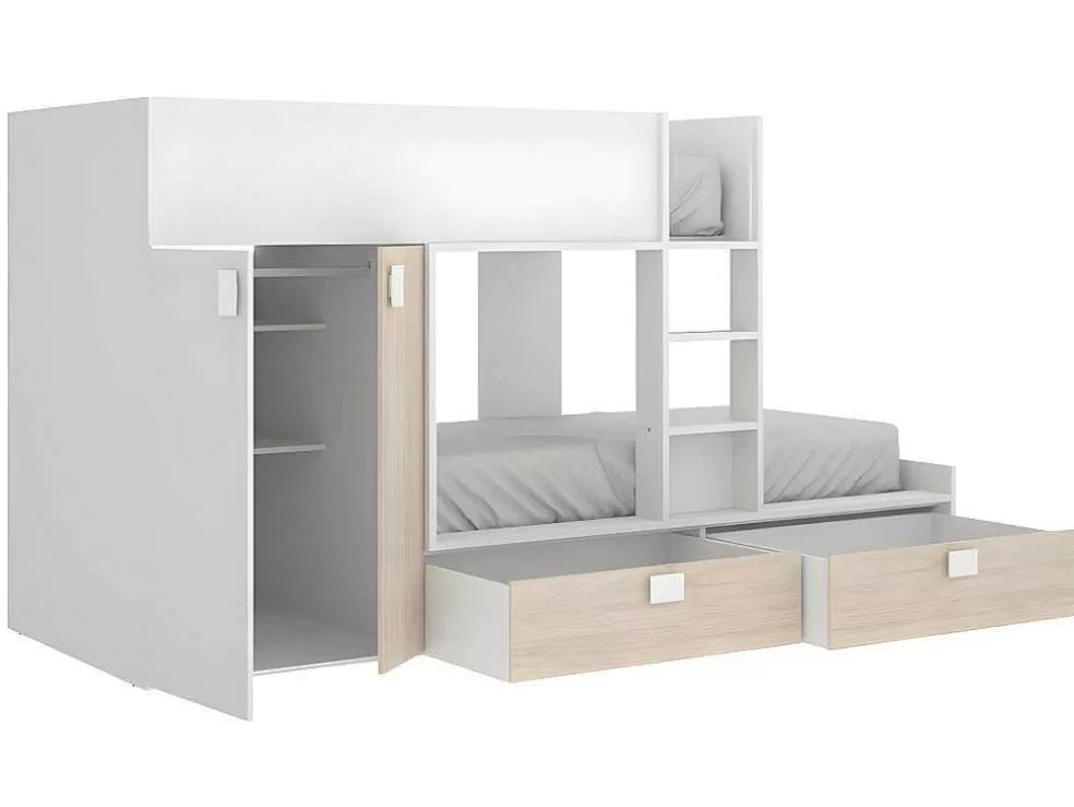 Hot Stapelbed - Ingebouwde Kast - 2X90X190Cm - Wit En Eiken + Matras - Juanito Kinderbed