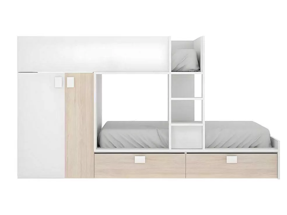 New Stapelbed Juanito - Ingebouwde Kast - 2X90X190Cm - Wit En Eiken Kinderbed