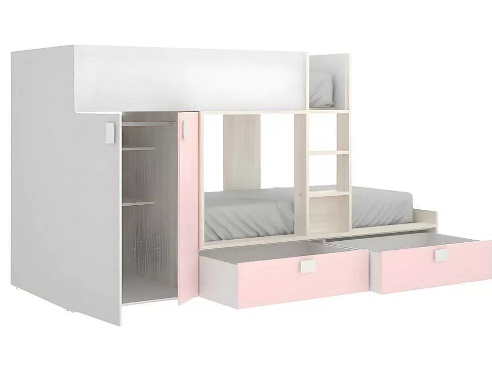 Discount Stapelbed Juanito Met Ingebouwde Kast En Opbergruimte - 2X90X190Cm - Wit, Eiken En Roze Kinderbed