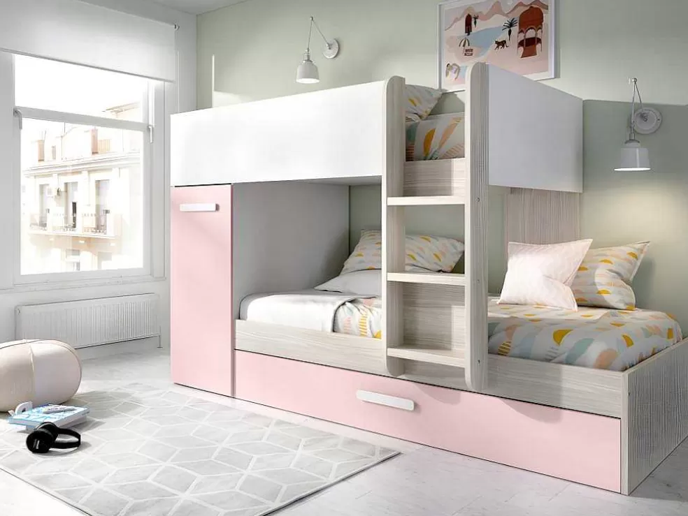 Shop Stapelbed Met Opbergruimtes 3 X 90 X 190 Cm - Wit, Naturel En Roze - Met Matras - Anthony Kinderbed Stapelbed