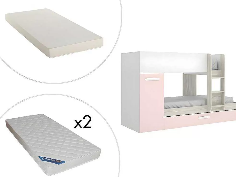 Shop Stapelbed Met Opbergruimtes 3 X 90 X 190 Cm - Wit, Naturel En Roze - Met Matras - Anthony Kinderbed Stapelbed