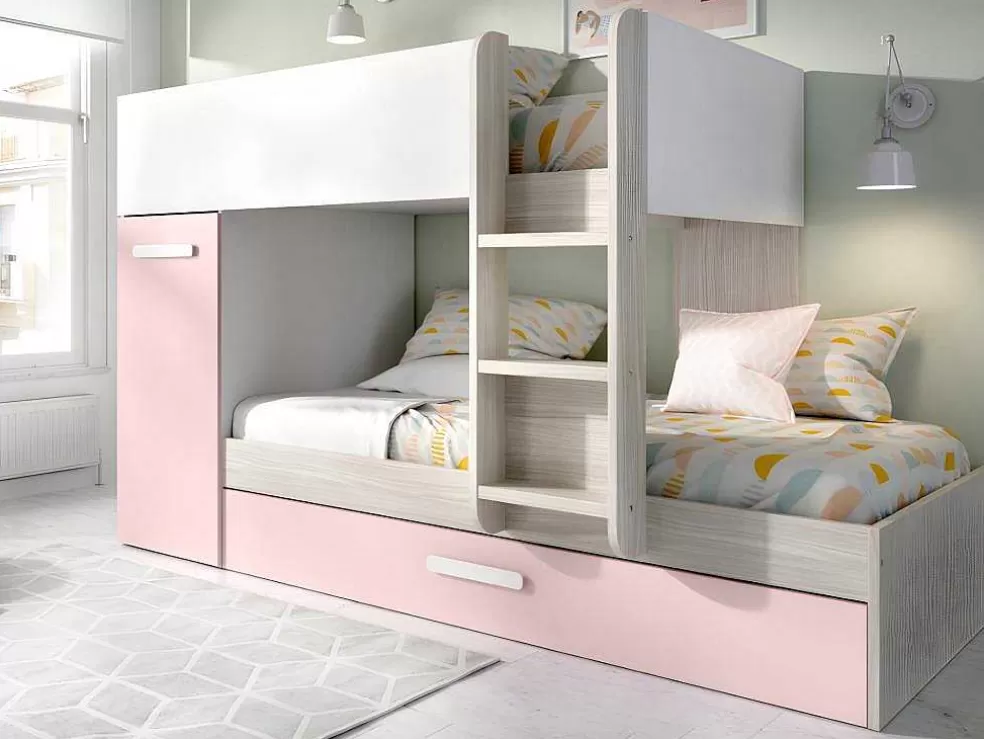 Shop Stapelbed Met Opbergruimtes 3 X 90 X 190 Cm - Wit, Naturel En Roze - Met Matras - Anthony Kinderbed Stapelbed