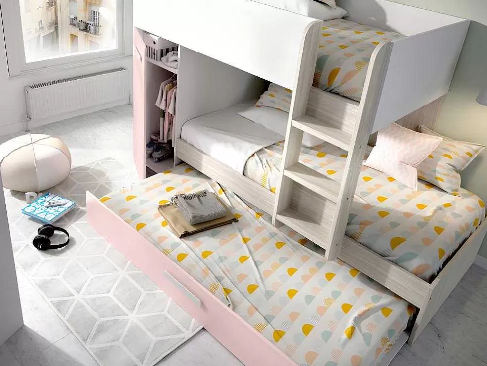 Shop Stapelbed Met Opbergruimtes 3 X 90 X 190 Cm - Wit, Naturel En Roze - Met Matras - Anthony Kinderbed Stapelbed