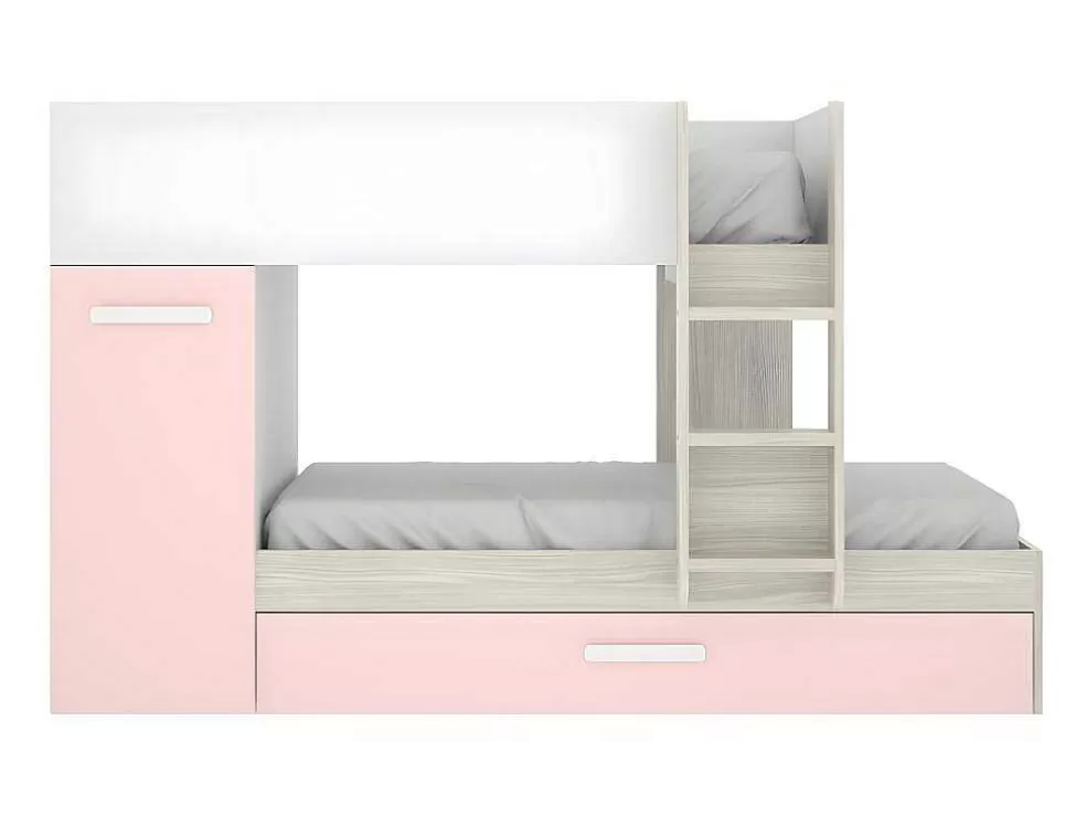 Shop Stapelbed Met Opbergruimtes 3 X 90 X 190 Cm - Wit, Naturel En Roze - Met Matras - Anthony Kinderbed Stapelbed