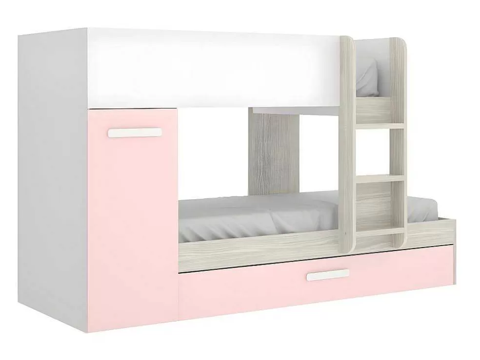 Shop Stapelbed Met Opbergruimtes 3 X 90 X 190 Cm - Wit, Naturel En Roze - Met Matras - Anthony Kinderbed Stapelbed