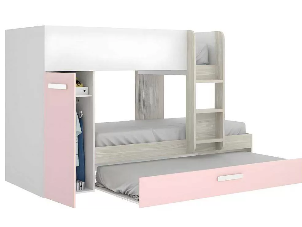 Shop Stapelbed Met Opbergruimtes 3 X 90 X 190 Cm - Wit, Naturel En Roze - Met Matras - Anthony Kinderbed Stapelbed