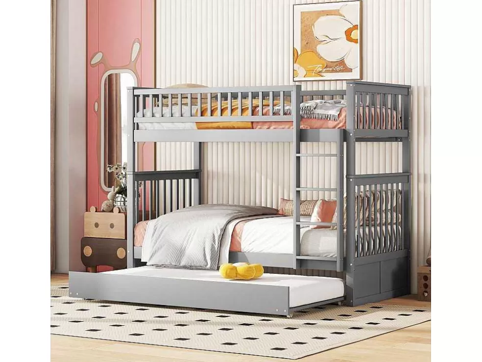 Discount Stapelbedden 2 X 90 X 200 Cm + Onderschuifbed 90 X 190 Cm - Mdf Hout - Grijs - Anthony Kinderbed