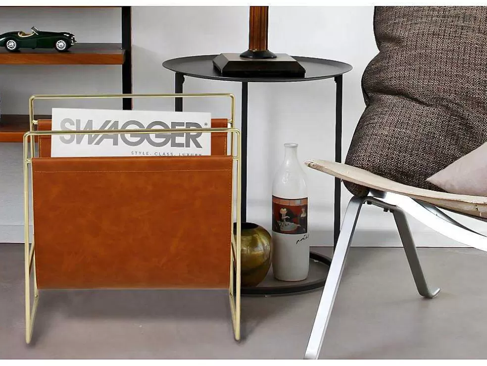 Shop Tijdschrifthouder In Vintage-Stijl Van Kunstleer - L38 X D22 X H41 Cm - Metaal En Bruin Kunstleer - Ferri Opbergaccessoire