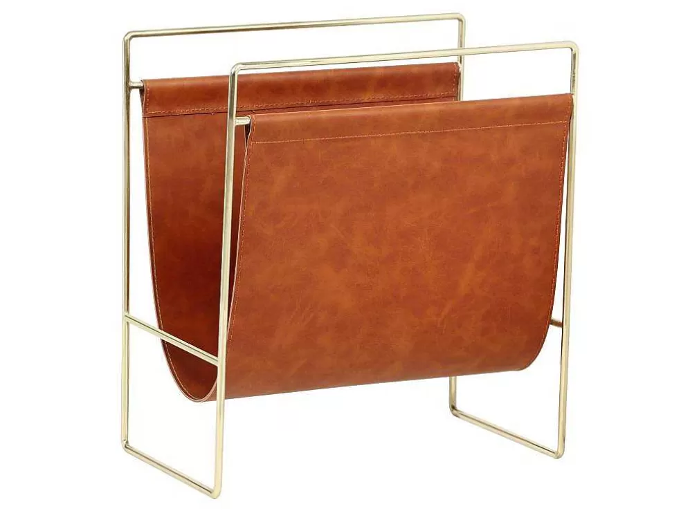 Shop Tijdschrifthouder In Vintage-Stijl Van Kunstleer - L38 X D22 X H41 Cm - Metaal En Bruin Kunstleer - Ferri Opbergaccessoire